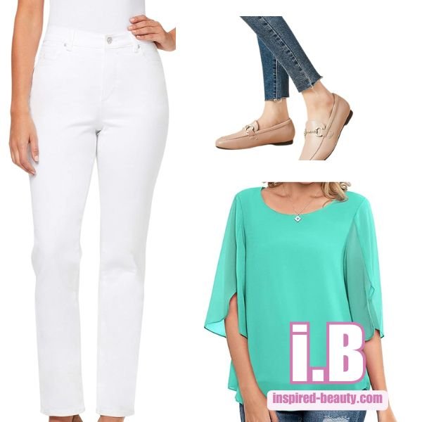 White Jeans with Pastel Blouse and Nude Loafers