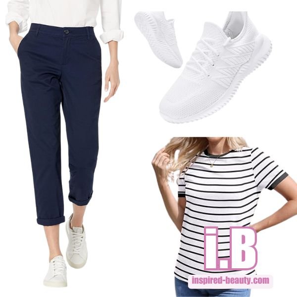 Striped T-Shirt + Cropped Pants + Slip-On Sneakers