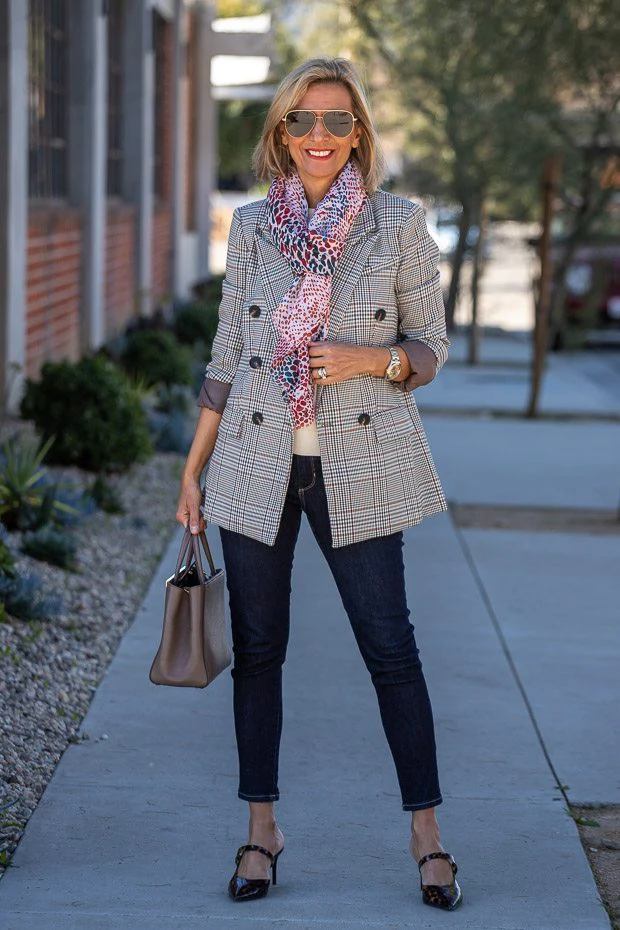 Neutral Blazer + Printed Scarf + Dark Wash Jeans