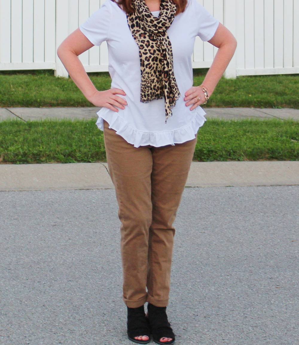 Printed Scarf + Plain Tee + Straight-Leg Jeans