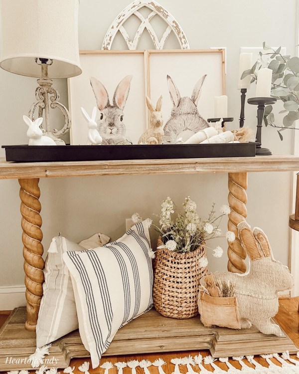 Entry table spring dcor with bunny wall art 