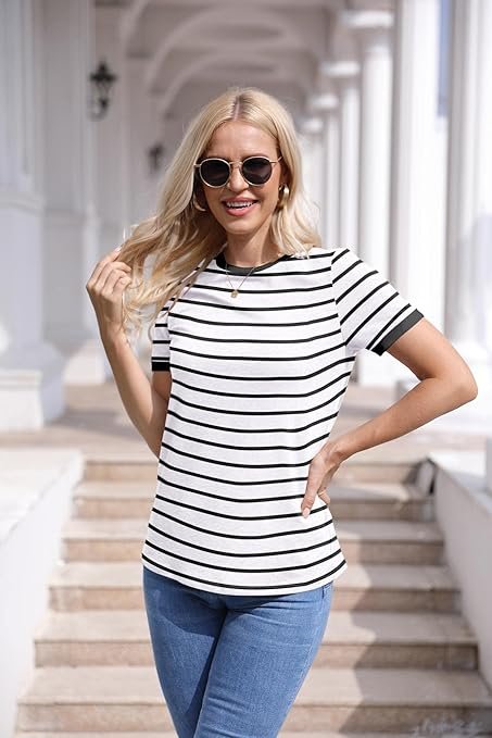 T Shirt Short Sleeve Crew Neck Basic Color Block Tee Tops