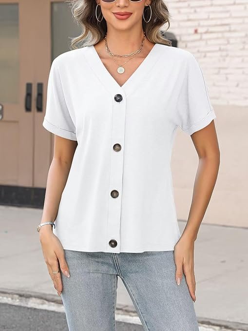 Women's Short Sleeve V Neck Tops Casual Button Down Summer T Shirts Basic Ladies Tees