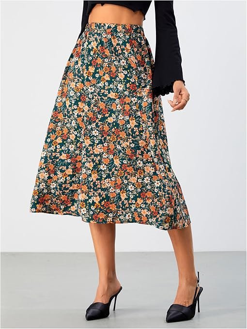 Women's Vintage Printed A Line High Waist Flare Flowy Casual Midi Skirts