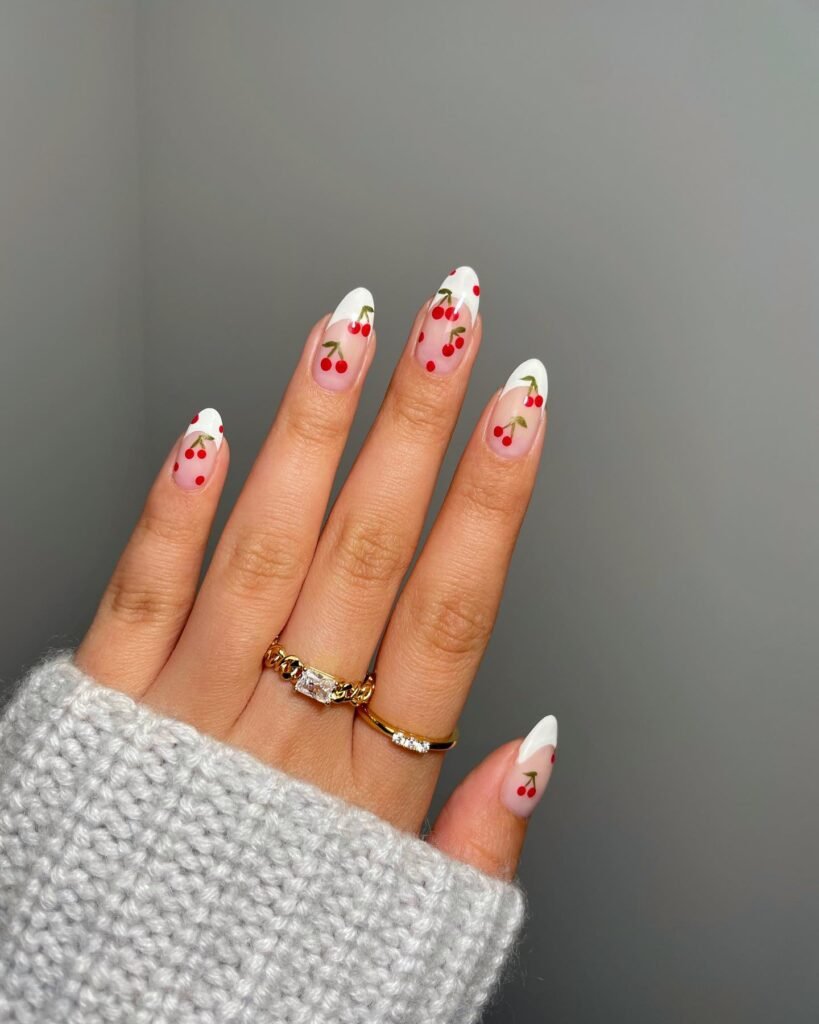 French tip cherry almond nail art