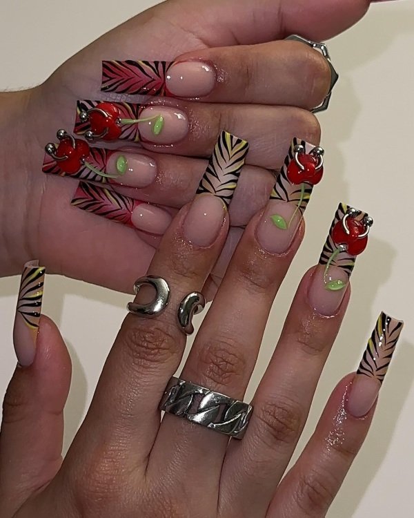 Long Edgy nail art cherry design