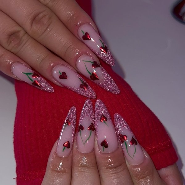 Chrom finish pink glitter Large cherry nails