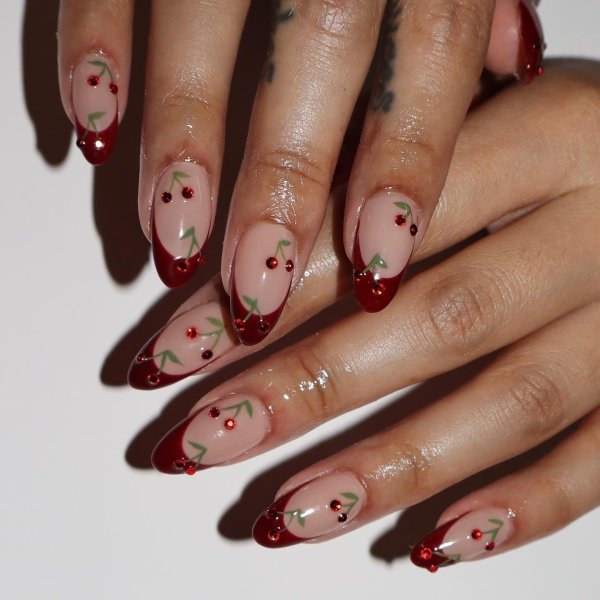 Almond shape with red tip and Cherry nail art