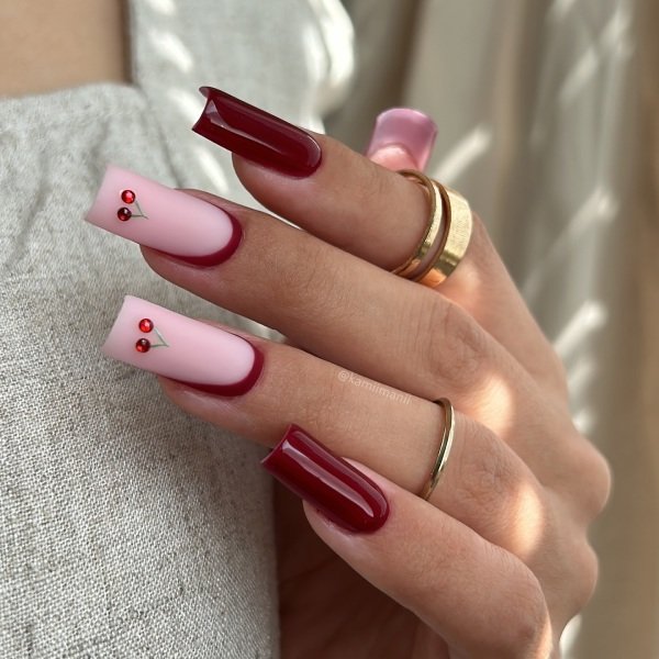 Square Shape nails in pink and red and cherry art