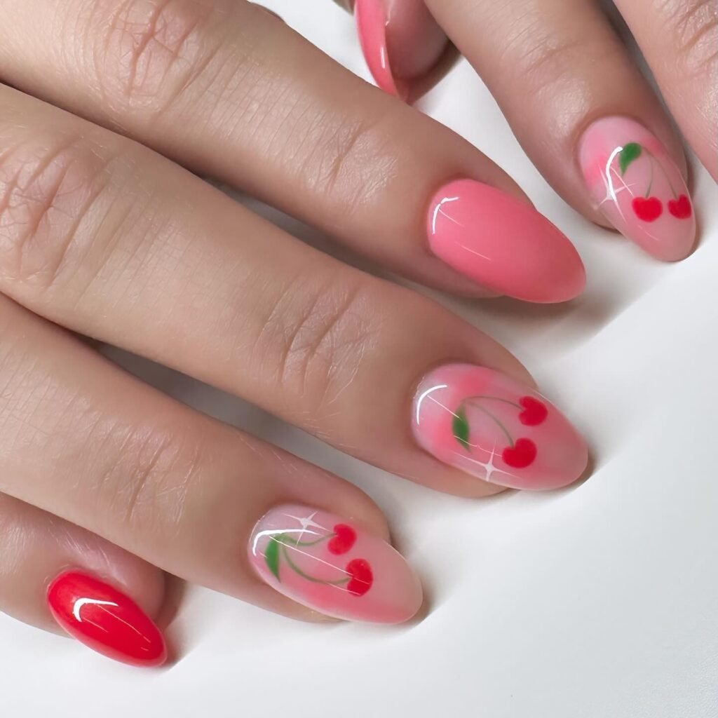 soft pink nails with cherry manicure idea