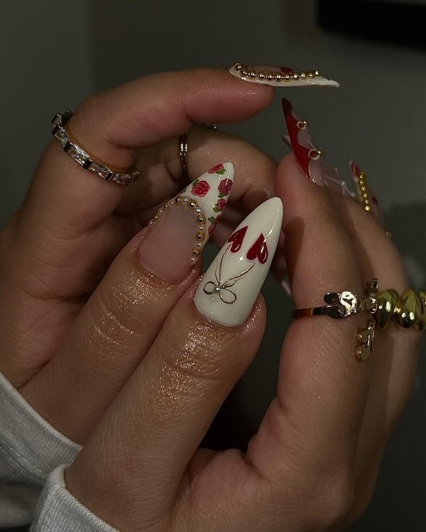 beautiful nail with different design, rose and cherry pattern