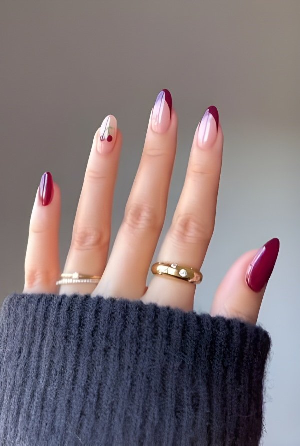 Stunning Burguandy tip with Cherry Accent Nail