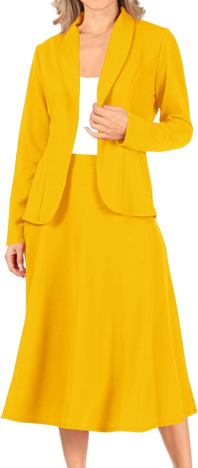 Two Piece Lightweight Solid Long Sleeve Casual Blazer Relaxed A-Line Midi Skirt