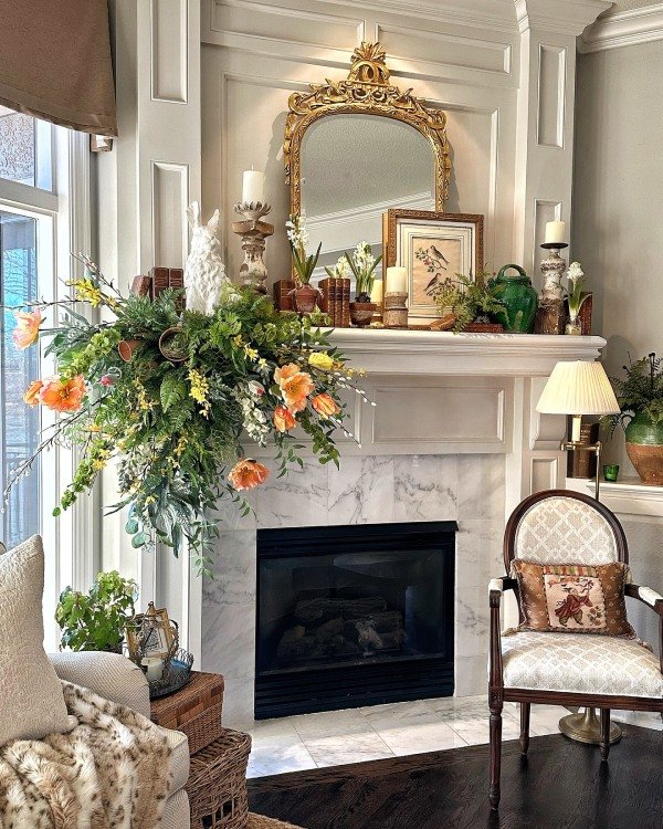 Spring Mantel Decor Idea with Vintage mirror