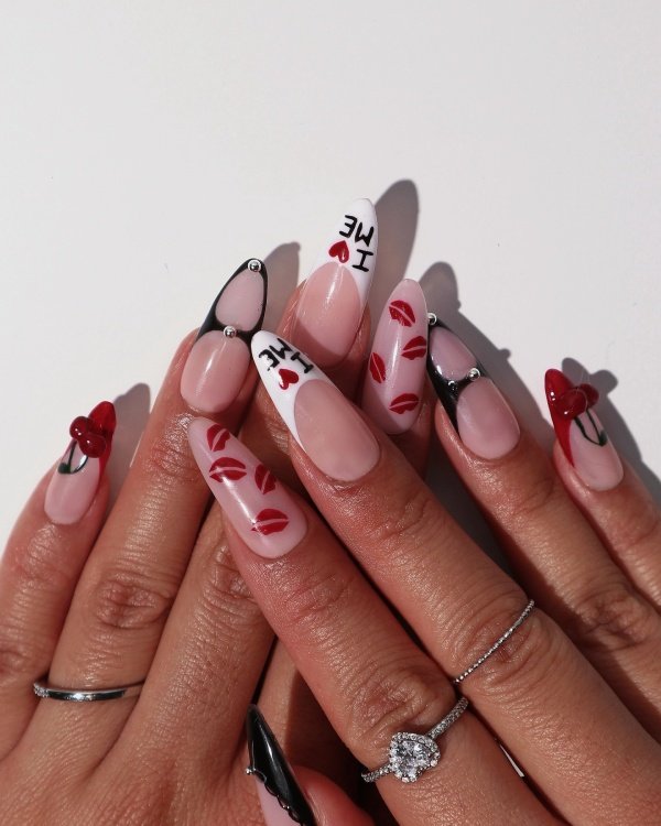 French tip nails with lips, cherry design