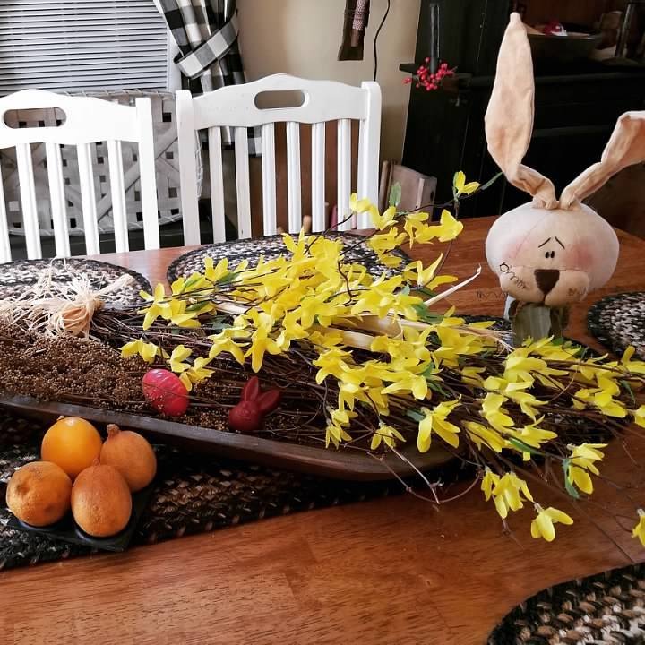 Spring Yellow forsythia With Easter Bunny