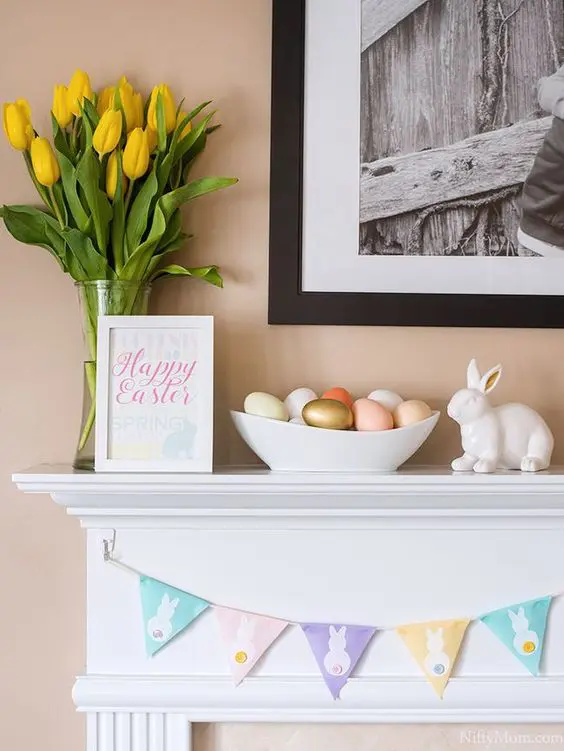 spring mantel decor ideas with decorative eggs