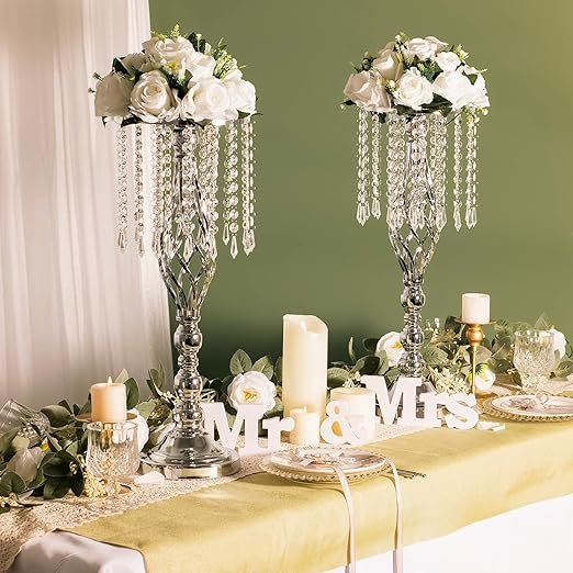 2pcs Silver Metal Flower Vases Crystal Flower Stand Wedding Centerpieces for Tables Party Dinner