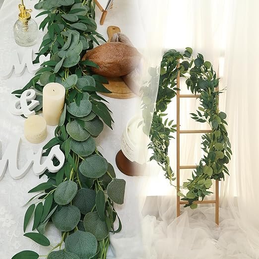 Greenery Garland 6.5 Feet Artificial Eucalyptus Garland with Willow Leaves for Wedding Table Runner Bridal Baby Shower Decor