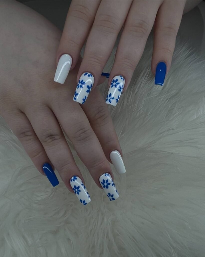 Blue and White Floral Nails