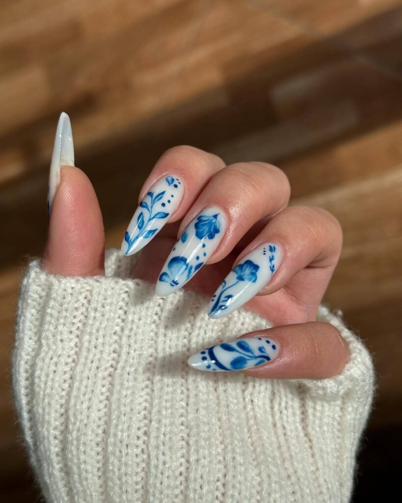 Blue and White Floral Nails