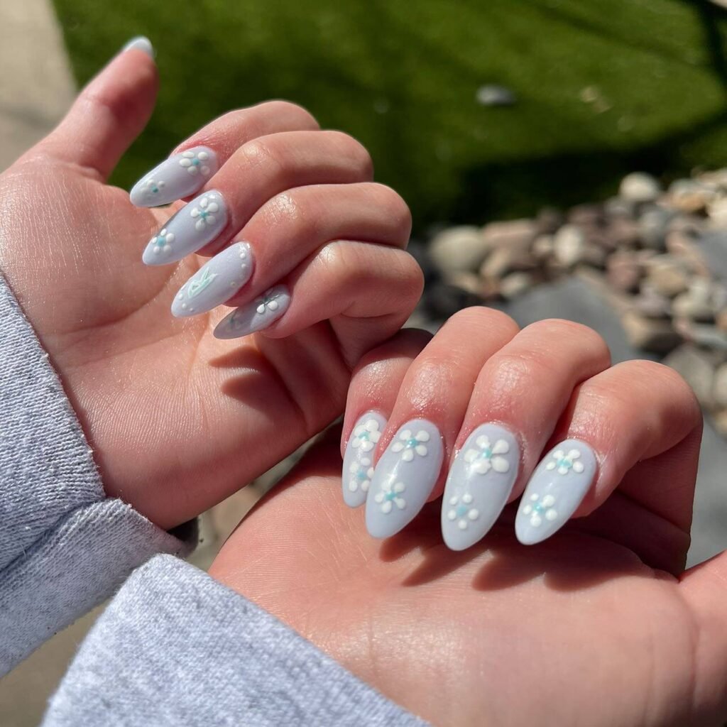 Blue and White Floral Nails