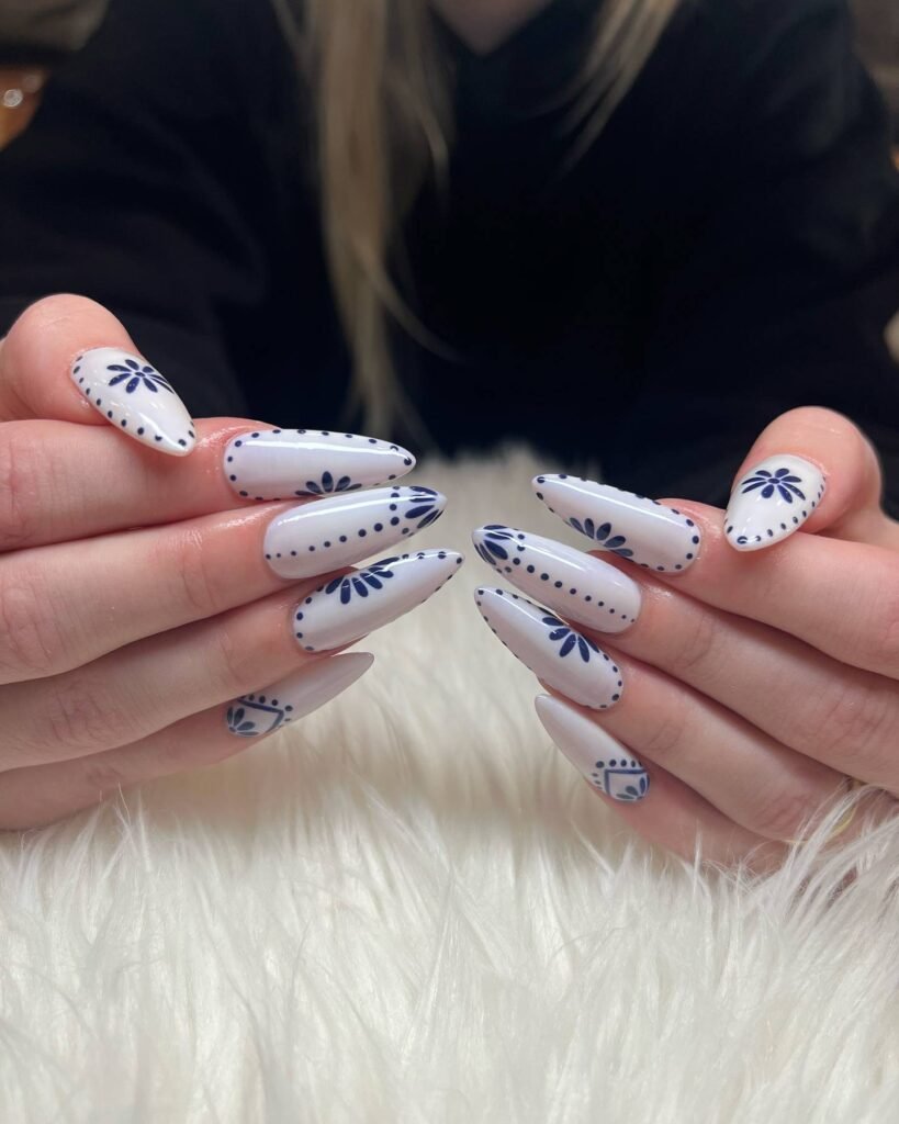 Blue and White Floral Nails