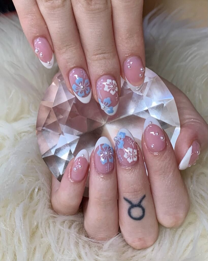 Blue and White Floral Nails