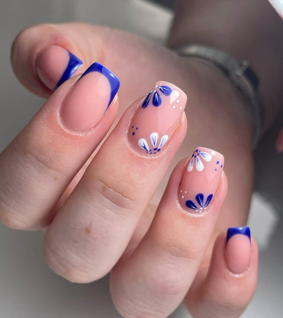 Blue and White Floral Nails