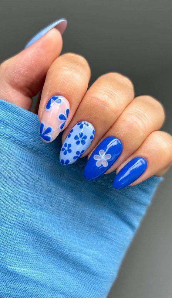 Blue and White Floral Nails