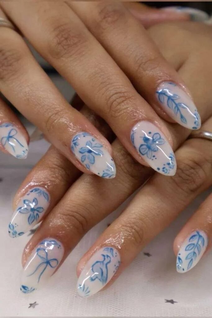 Blue and White Floral Nails