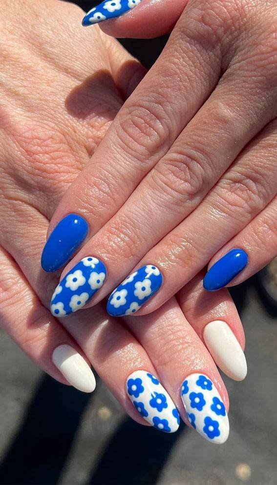 Blue and White Floral Nails