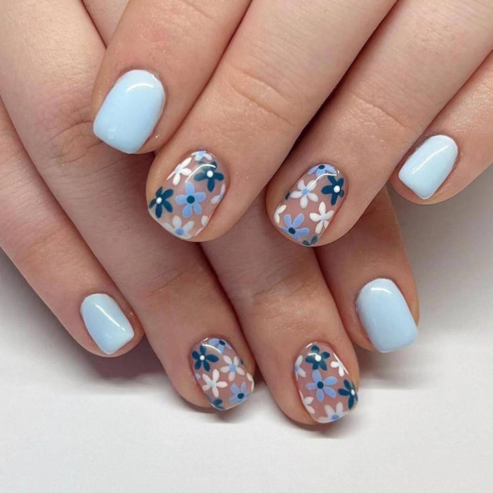Blue and White Floral Nails