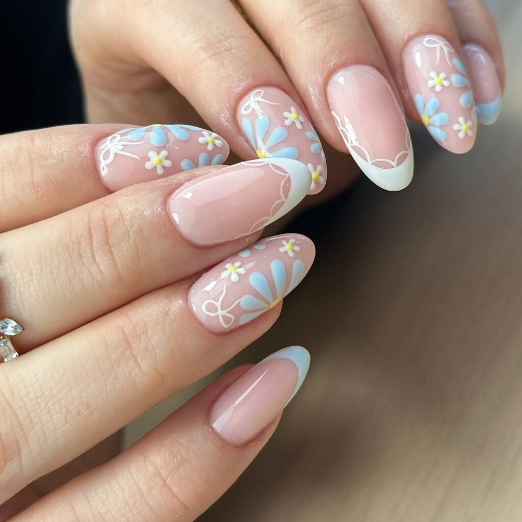 Blue and White Floral Nails