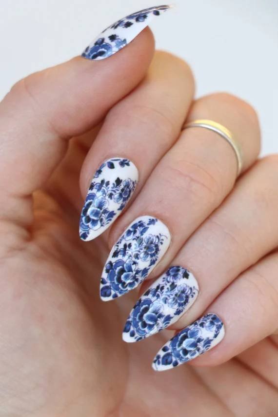 Blue and White Floral Nails