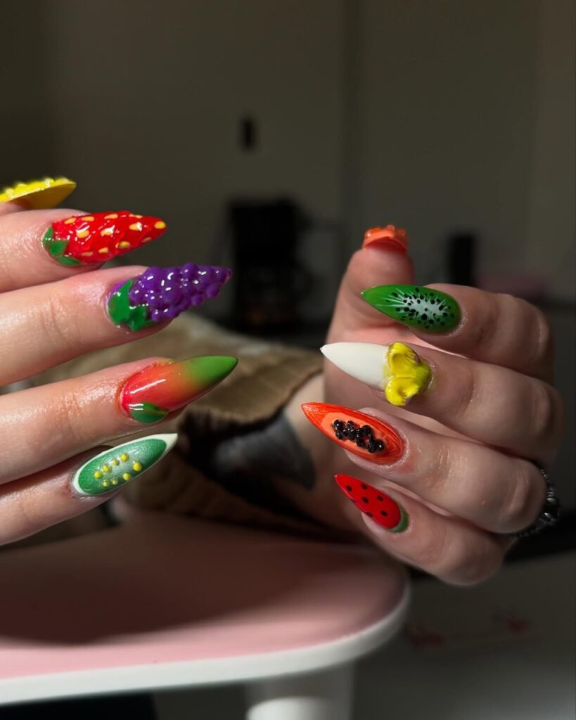 24 Summer Fruit Nails Design Long Grape Watermelon