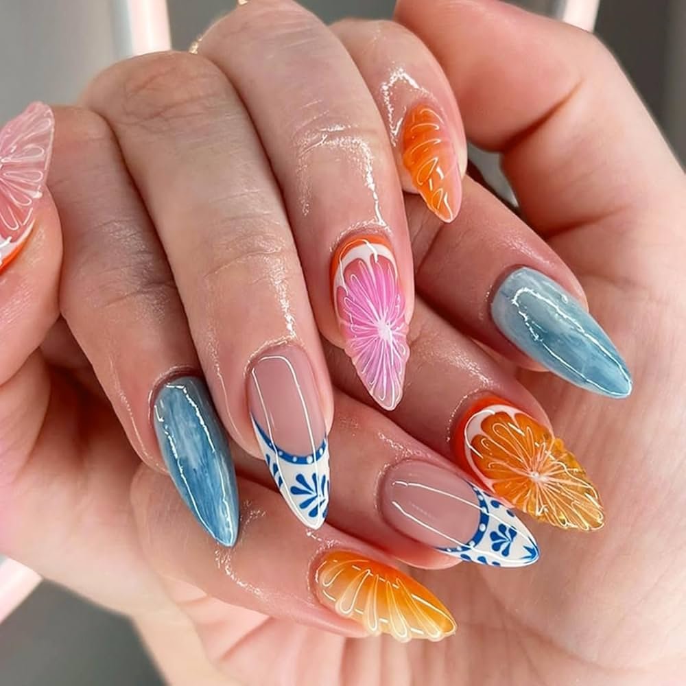 24 Summer Fruit Nails Design Cetrus Fruits with summer tropical seashells