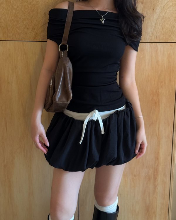 Black Puffy Skirt and Off-Shoulder Top