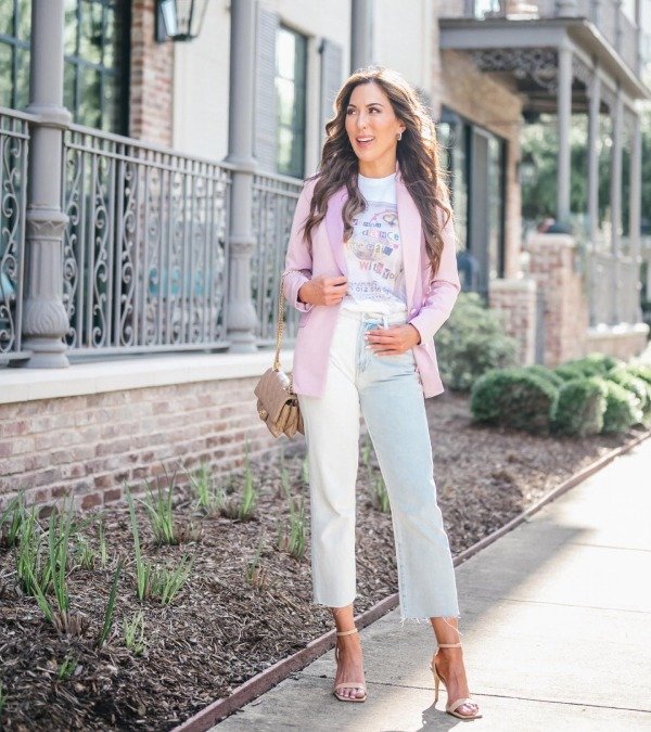Jeans With a Pink Blazer and Graphic Tee