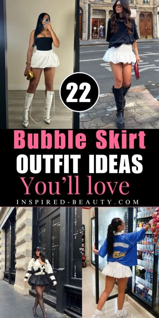 bubble skirt outfit ideas for women. Picture of 4 different way to style bubble skirt outfit