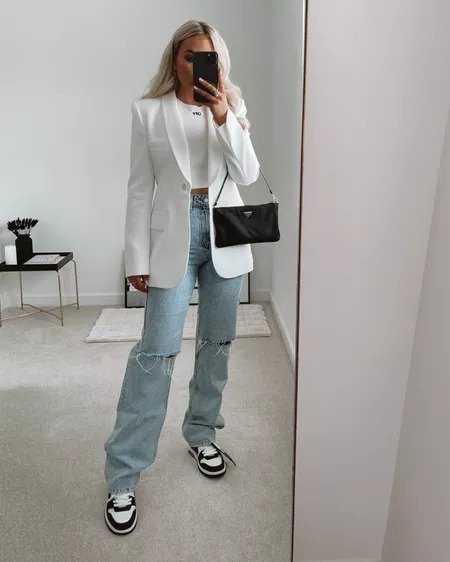 Denim with white blazer and sneakers