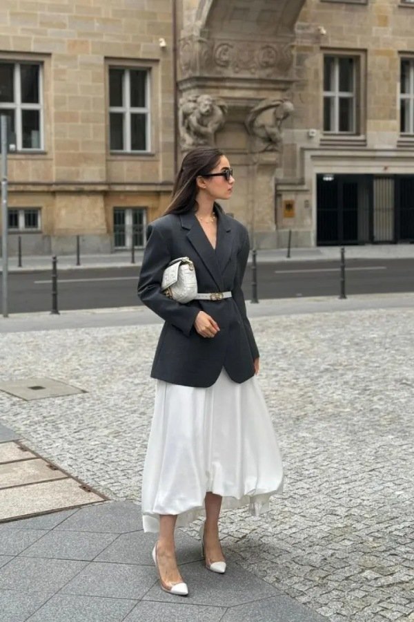 Grey blazer and long white bubble skirt. If you want to wear these to the office.