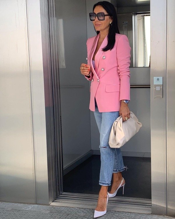 Classic Blue Jeans With a Pink Blazer