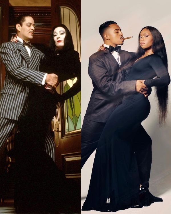 A Black couple reimagines Morticia and Gomez Addams with sleek black outfits and gothic makeup. Their spooky yet stylish look brings new energy to this Halloween classic.