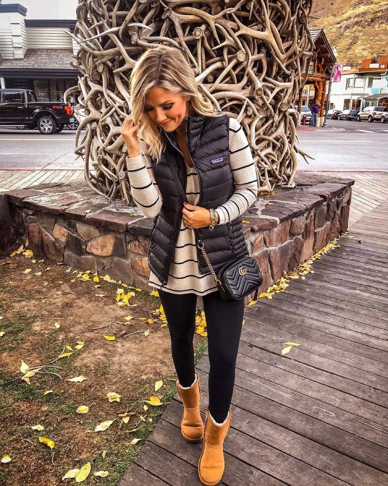 Brown Boots with Leggings, Sweater vest, and Strip shirt