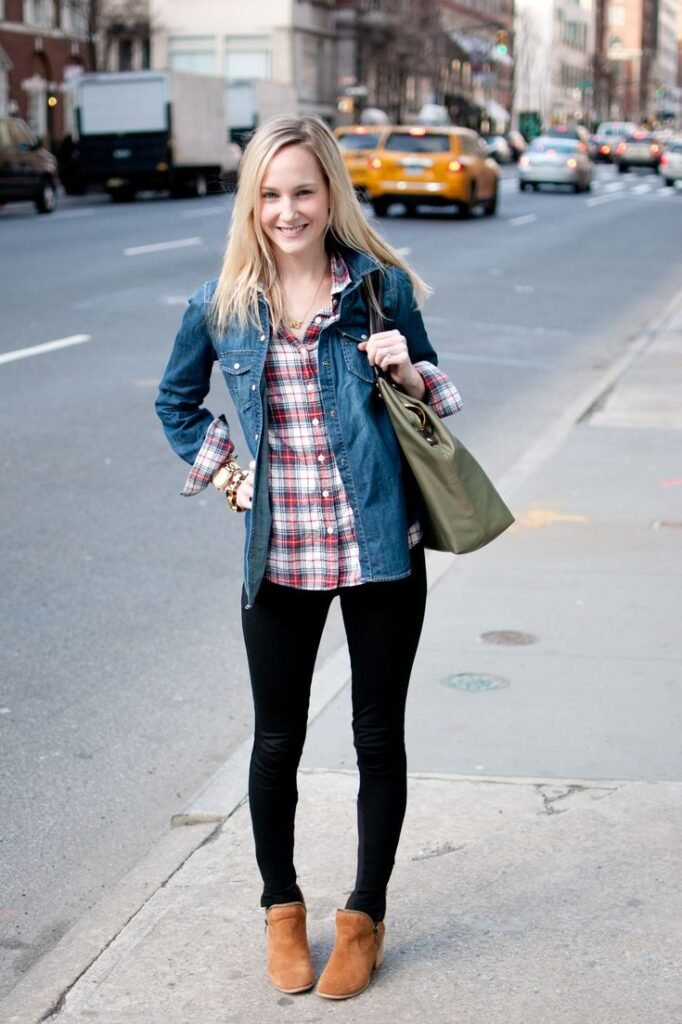 Leggings with plaid flannel shirt and denim jacket