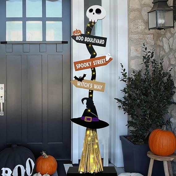 Lighted Wooden Witch’s Broom for Indoor Outdoor Porch Yard Decor