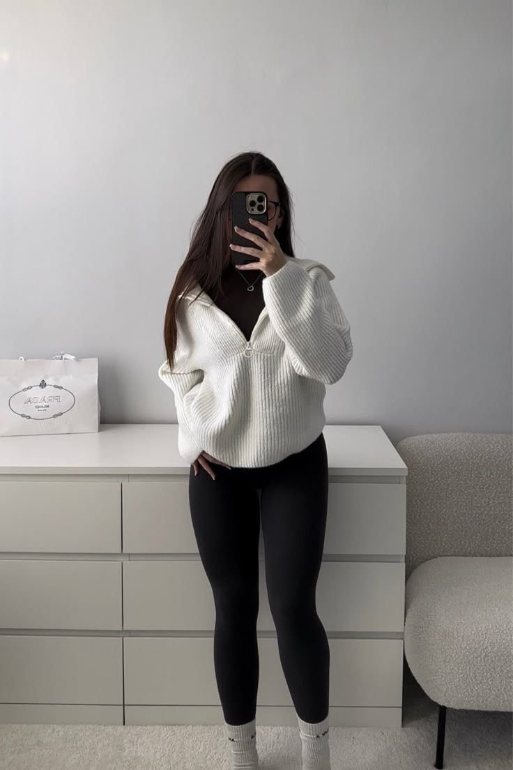 White Zip Front Sweater with leggings Fall Style