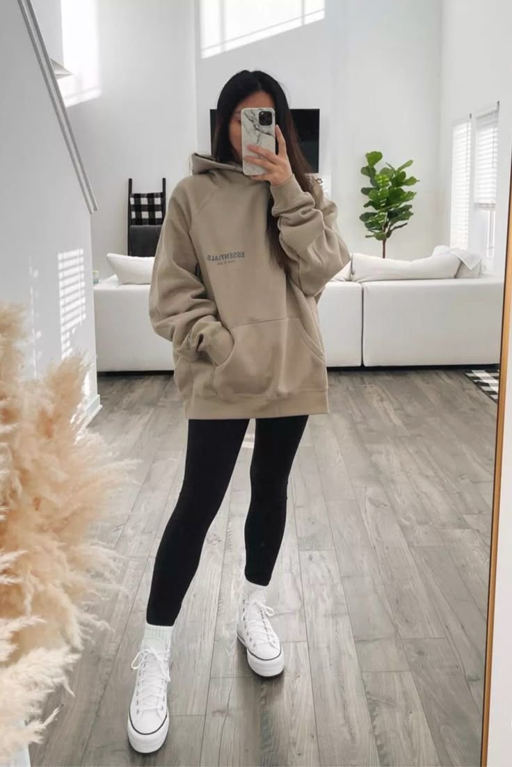 White Sneaker with Leggings and Oversized Hooded Sweater, Cream color