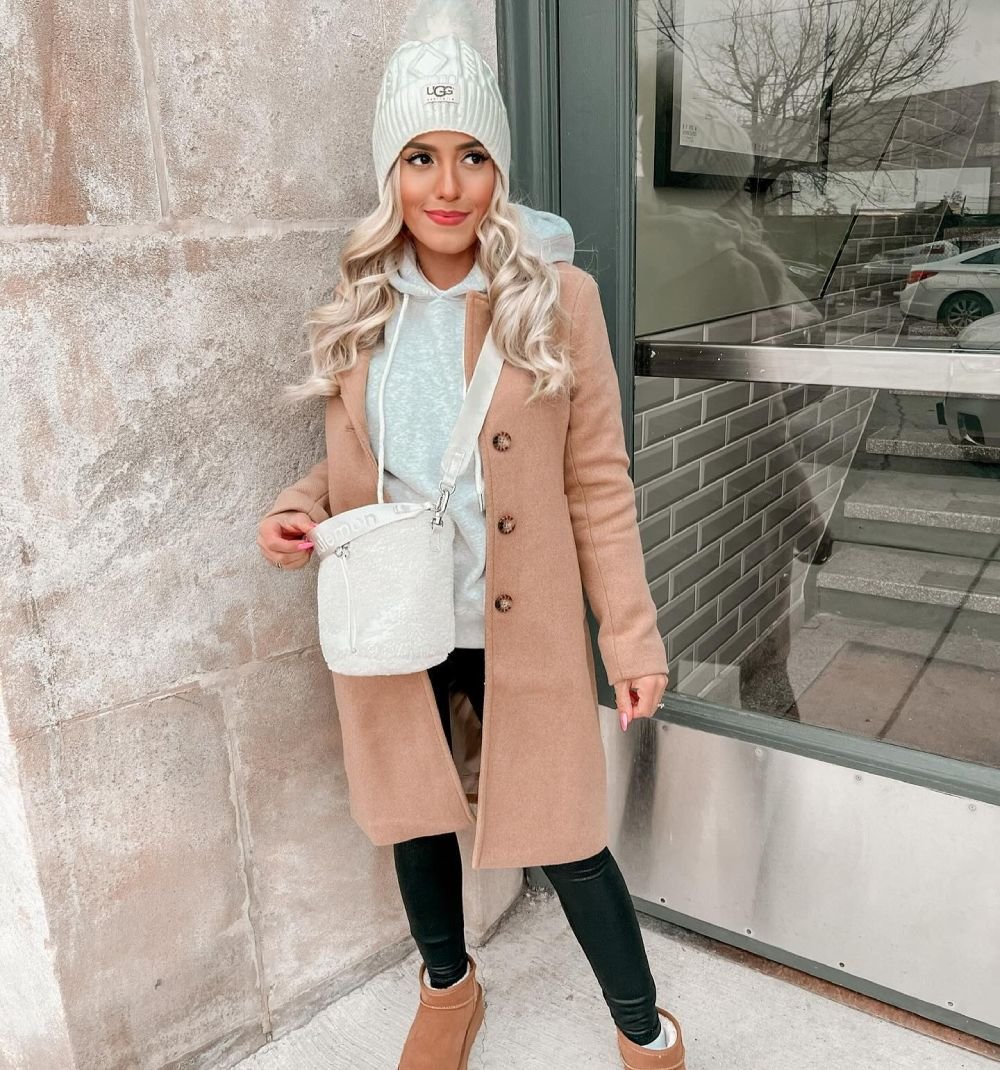 Coat Leather Leggings with hooded sweater and sneakers 